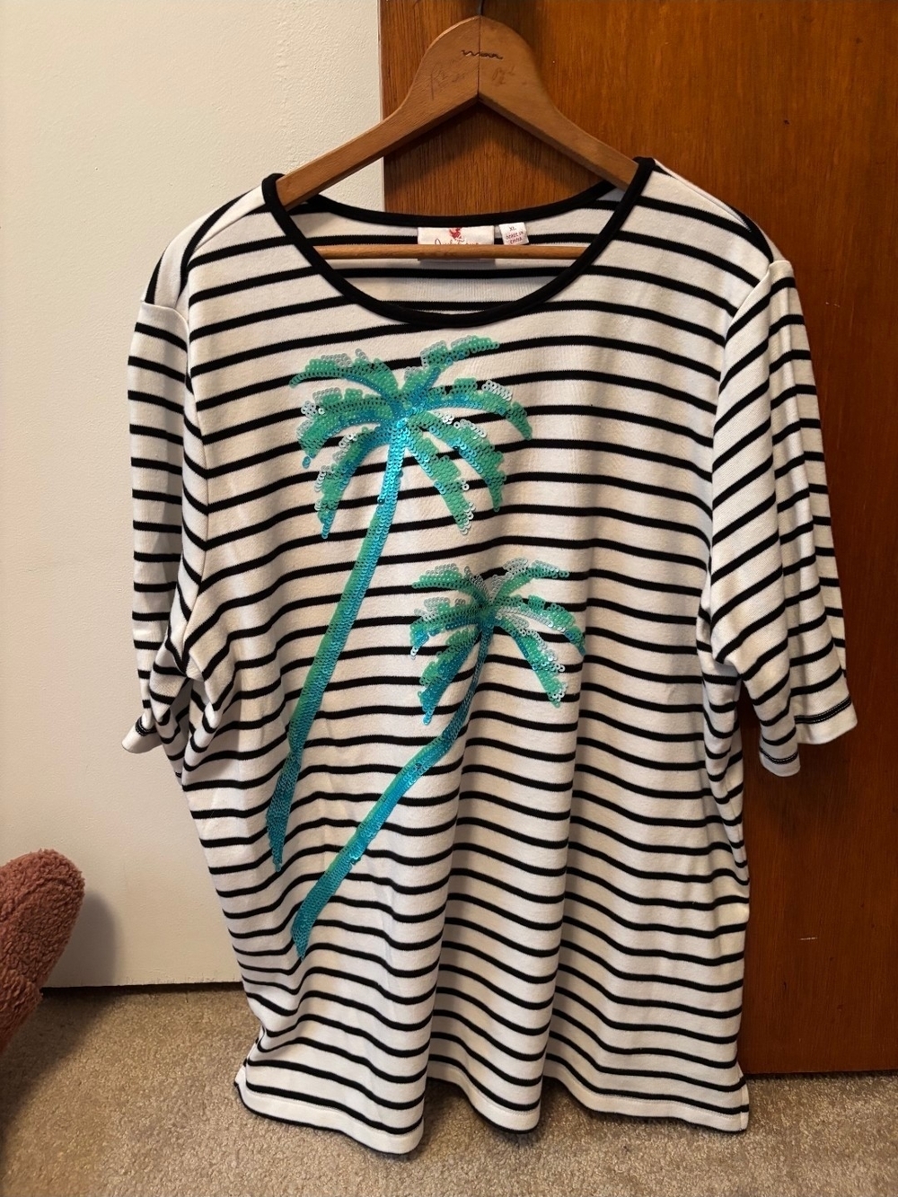 Quacker Factory Palm Tree Striped Elbow Length Sleeved Top Size XL